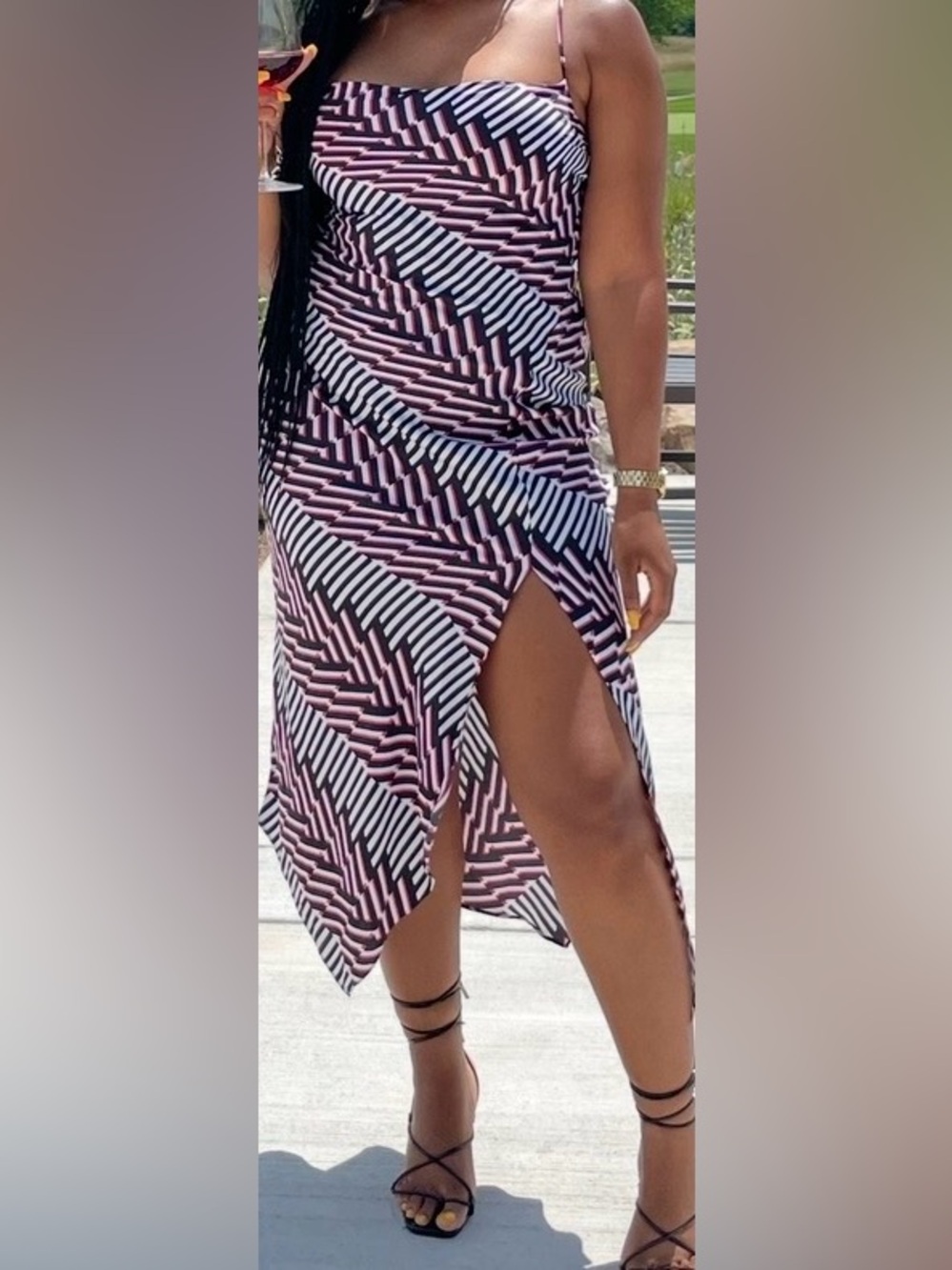 EXPRESS High-Slit Geometric Midi Dress in Black, White & Mauve